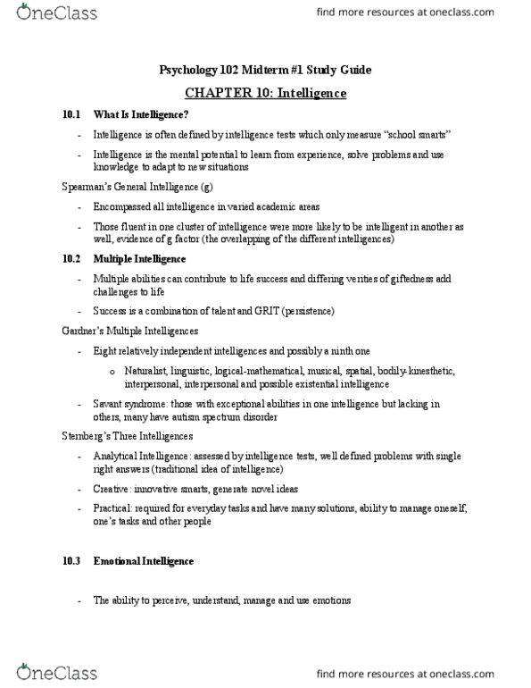 PSYC 102 Chapter Notes - Chapter 10: Wechsler Adult Intelligence Scale, David Wechsler, Autism Spectrum thumbnail