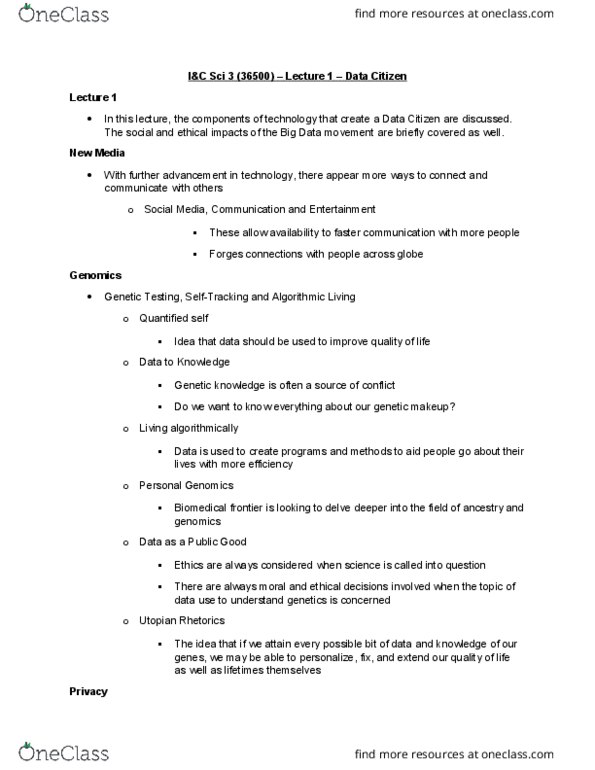 I&C SCI 3 Lecture Notes - Lecture 1: Personal Genomics, Big Data, Genomics thumbnail