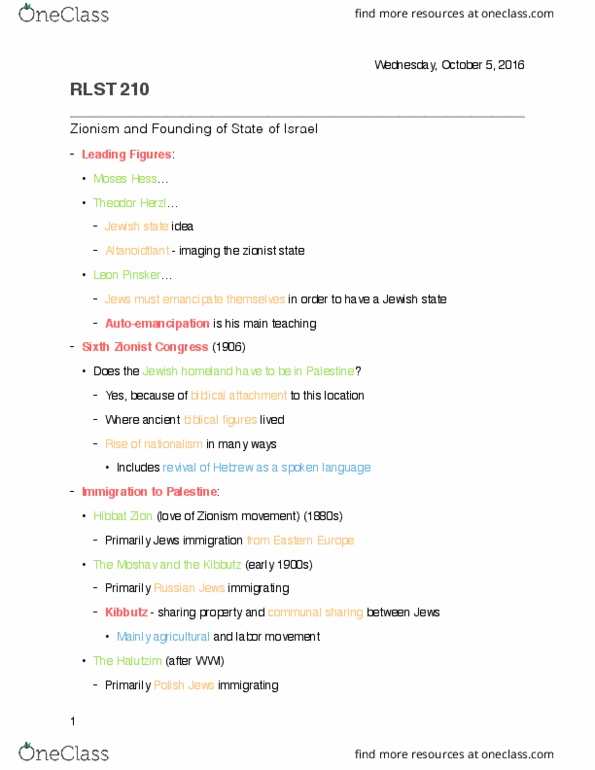 RLST 210 Lecture Notes - Lecture 15: Hovevei Zion, Six-Day War, Peel Commission thumbnail