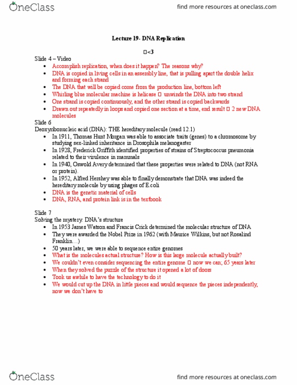 BIO 1140 Lecture Notes - Lecture 19: Thomas Hunt Morgan, Maurice Wilkins, Francis Crick thumbnail