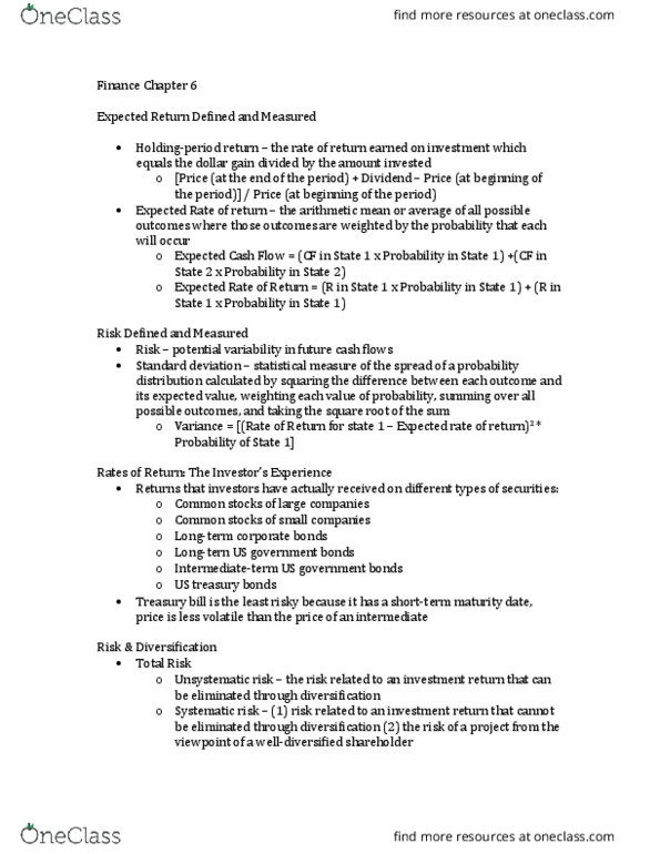 FIN 3104 Chapter Notes - Chapter 6: United States Treasury Security, Standard Deviation, Capital Asset Pricing Model thumbnail