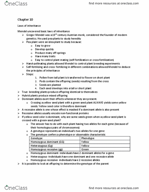 BIOL 1500 Lecture Notes - Lecture 10: Punnett Square, Gregor Mendel, Plant Breeding thumbnail