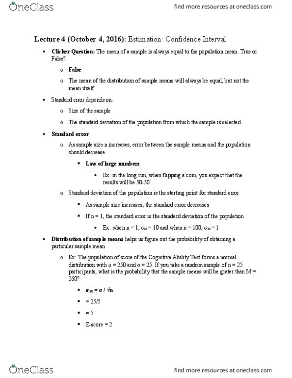 PSY201H1 Lecture Notes - Lecture 4: Confidence Interval, Interval Estimation, Standard Deviation thumbnail