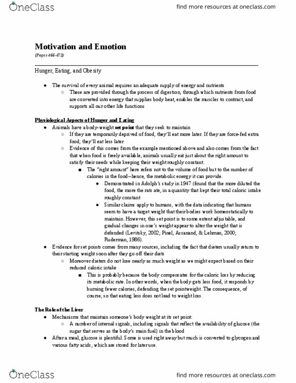 PSYCH-UA 1 Chapter Notes - Chapter 12: Adipose Tissue, Adipocyte, Eating Animals thumbnail