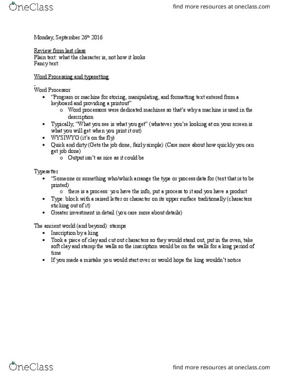 DH100 Lecture Notes - Lecture 4: Wysiwyg, Plain Text, Typesetting thumbnail