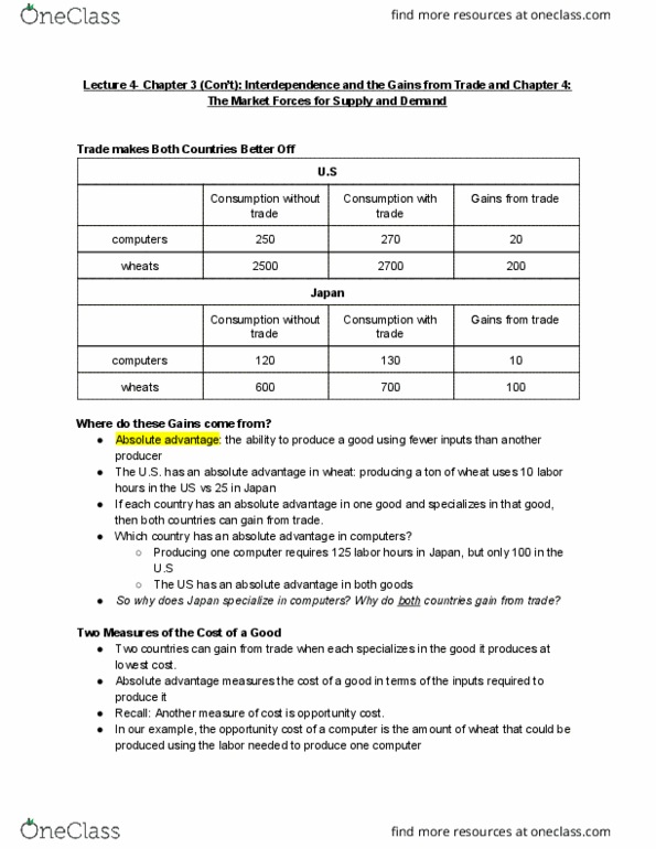 ECON 20A Lecture 4: Chapter 3 (Con’t)- Interdependence and the Gains from Trade and Chapter 4- The Market Forces for Supply and Demand thumbnail