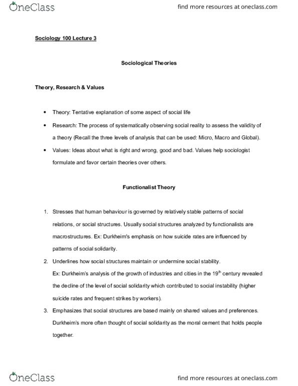 SOCI 1000 Chapter 1: Functionalist & Conflict Theory thumbnail