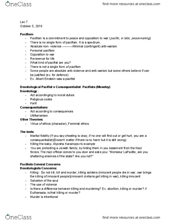 PEACEST 1A03 Lecture Notes - Lecture 7: Feminist Ethics, Deontological Ethics, Pacifism thumbnail