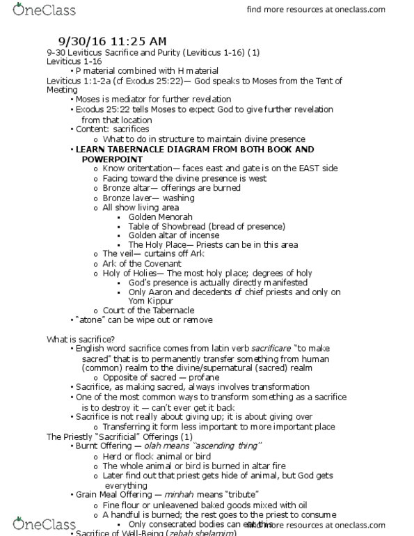 REL 205 Lecture 16: Leviticus Sacrifice and Purity (Leviticus 1-16) (1) thumbnail