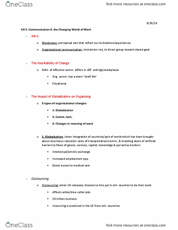 CMST 470 Lecture Notes - Lecture 1: Organizational Communication, Insourcing, Outsourcing thumbnail