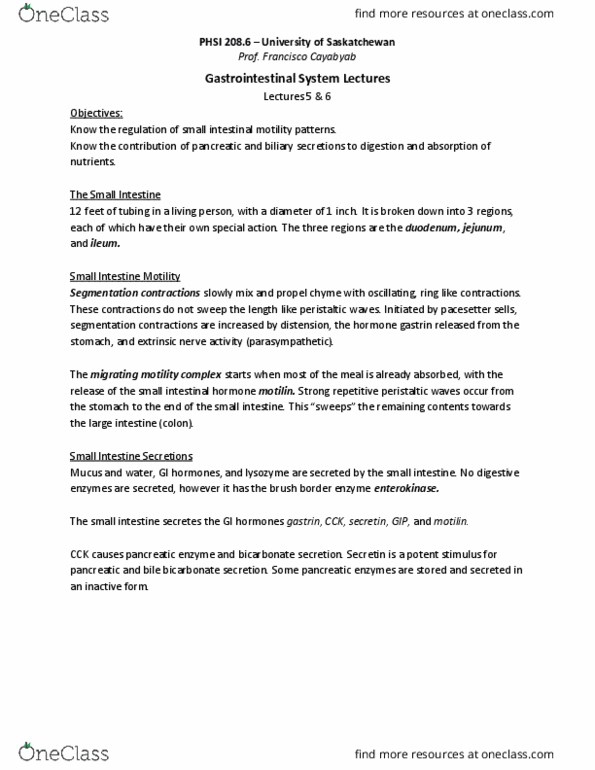 PHSI 208 Lecture Notes - Lecture 5: Motilin, Bile Acid, Brush Border thumbnail