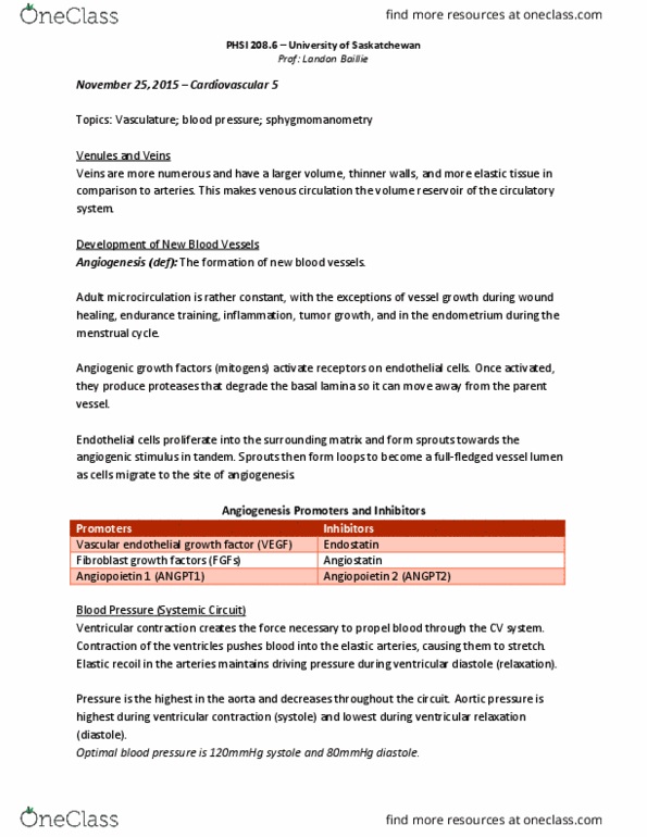 PHSI 208 Lecture Notes - Lecture 5: Vascular Endothelial Growth Factor, Angiopoietin, Angiostatin thumbnail