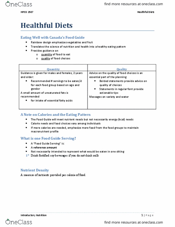 HPED 2507 Lecture Notes - Lecture 2: Nutrient, Serving Size, Calorie thumbnail