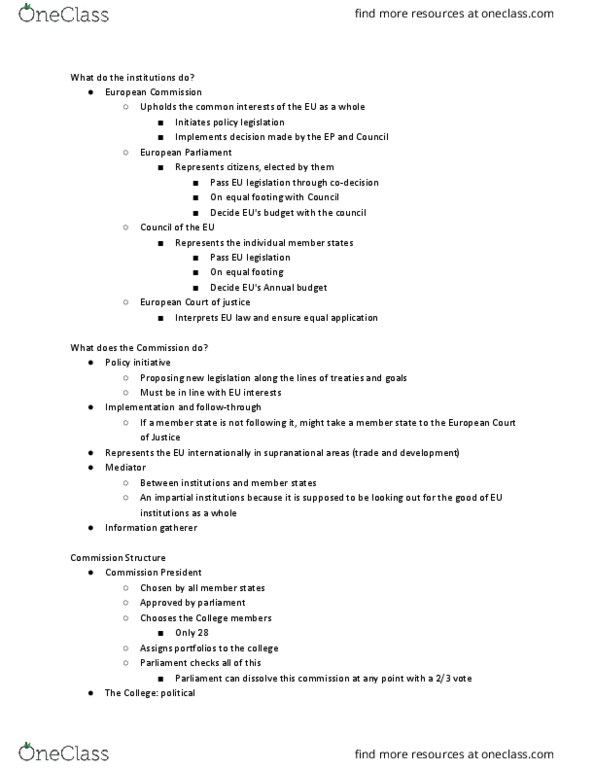 POLS 3435 Lecture Notes - Lecture 8: European Union Legislative Procedure, Common Foreign And Security Policy, President Of The European Commission thumbnail