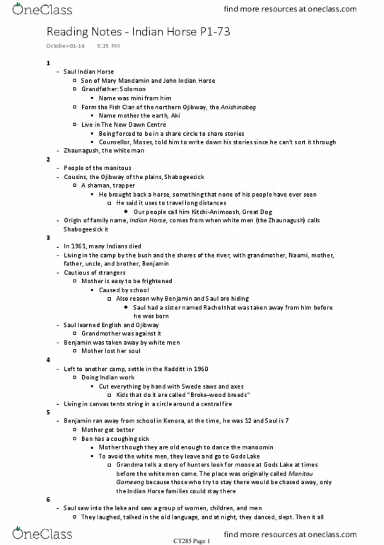 CT285 Chapter 1-73: Reading Notes - Indian Horse P1-73 thumbnail