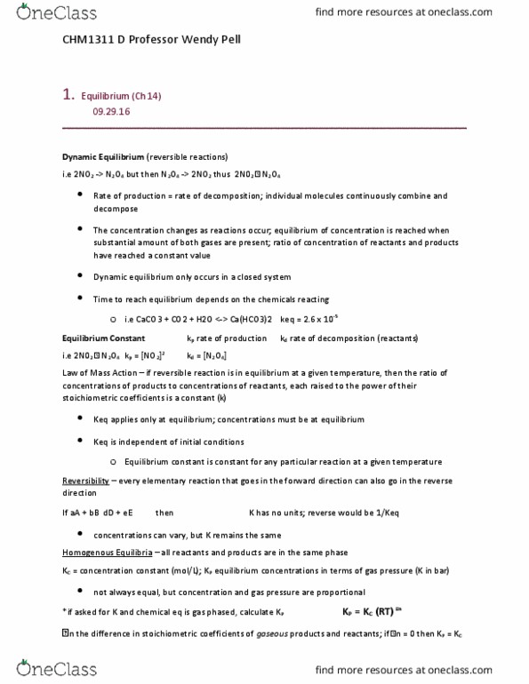 CHM 1311 Lecture Notes - Lecture 10: Calcium Bicarbonate, Chemical Equilibrium, Reaction Quotient thumbnail