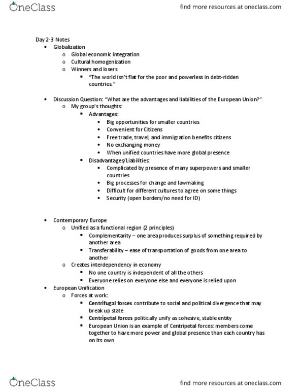 GEO 131 Lecture Notes - Lecture 2: Cultural Homogenization, Free Trade, Nato thumbnail