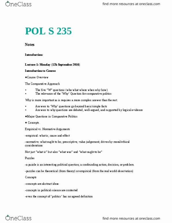 POL S235 Lecture Notes - Lecture 1: Political Question, Comparative Politics thumbnail