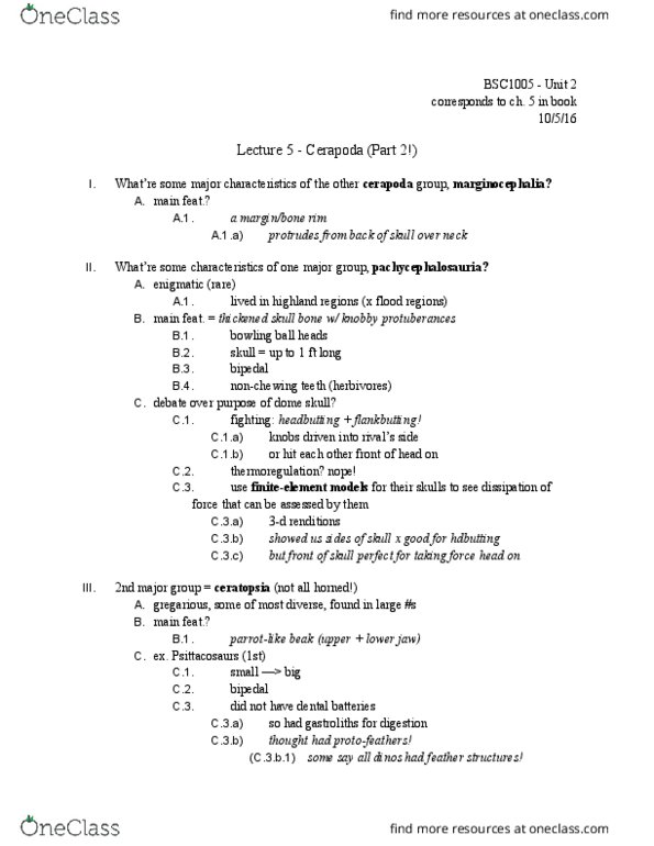BSC-1005 Lecture Notes - Lecture 5: Gastrolith, Marginocephalia, Cerapoda thumbnail