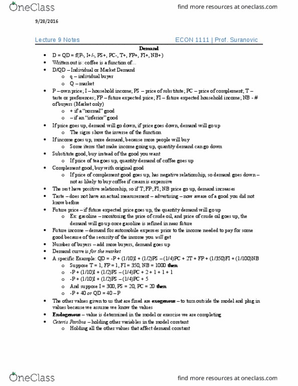 ECON 1011 Lecture Notes - Lecture 9: Inferior Good, Complementary Good, Normal Good thumbnail