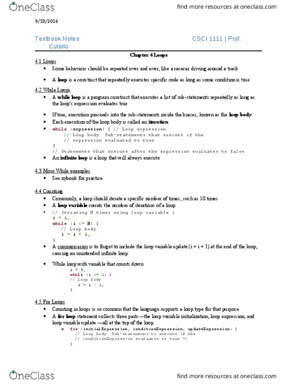 CSCI 1111 Chapter Notes - Chapter 4: Infinite Loop, For Loop, While Loop thumbnail