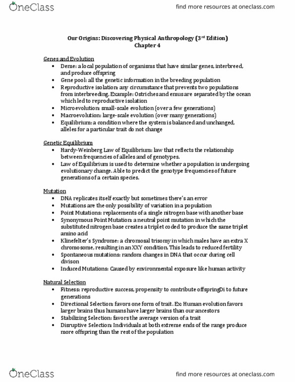 ANTH 1 Chapter Notes - Chapter 4: Gene Pool, Point Mutation, Genotype Frequency thumbnail