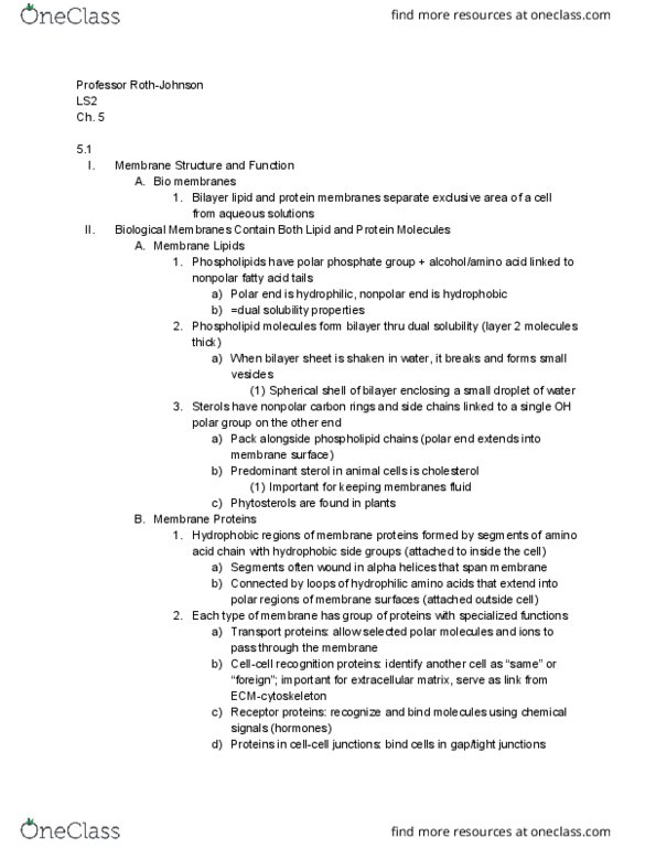 LIFESCI 2 Chapter Notes - Chapter 5.1: Phytosterol, Close-Packing Of Equal Spheres, Lipid Bilayer thumbnail