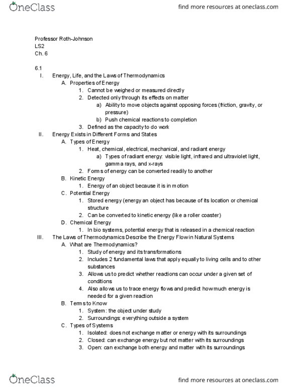 LIFESCI 2 Chapter Notes - Chapter 6.1: Thermodynamics, Radiant Energy, Eval thumbnail