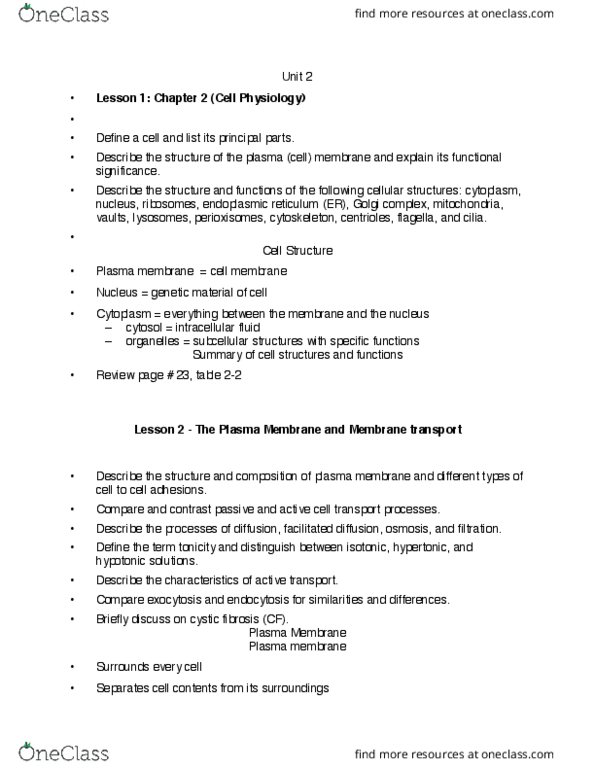NURS150 Lecture Notes - Lecture 2: Cell Adhesion Molecule, Cell Membrane, Cystic Fibrosis thumbnail