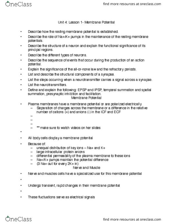 NURS150 Lecture Notes - Lecture 4: Excitatory Postsynaptic Potential, Inhibitory Postsynaptic Potential, Posterior Parietal Cortex thumbnail