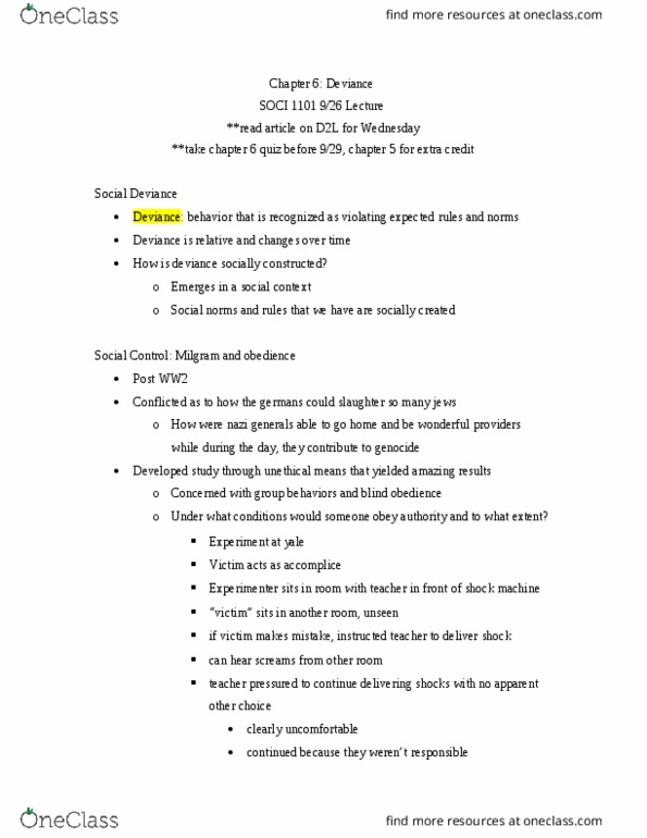 SOCI 1101 Lecture Notes - Lecture 8: Labeling Theory, Stanford Prison Experiment thumbnail