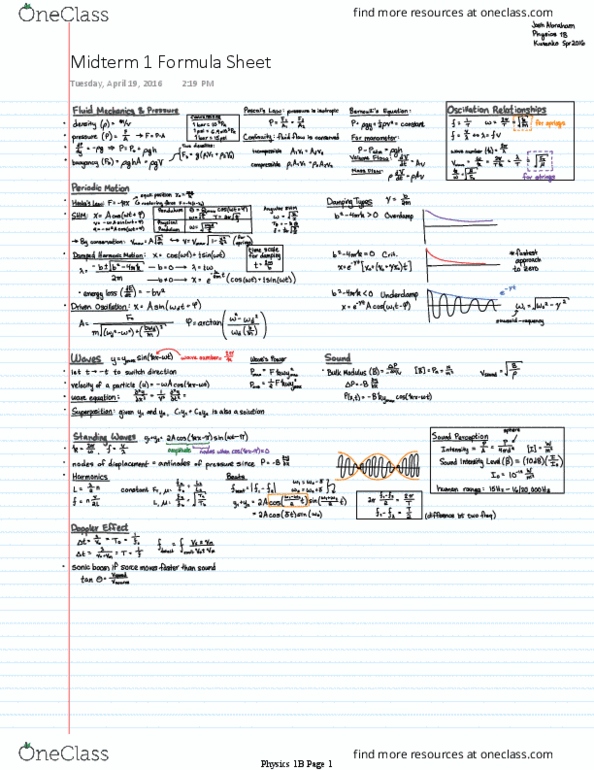 PHYSICS 1B Midterm: Physics 1B Midterm 1 Formula Sheet - OneClass