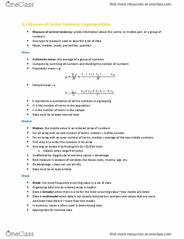 EC255 Chapter Notes - Chapter 3: Percentile, Central Tendency, Level Of Measurement thumbnail