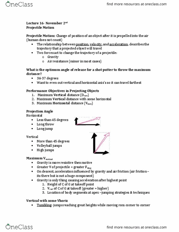 Kinesiology 2241A/B Lecture Notes - Lecture 16: Projectile Motion thumbnail