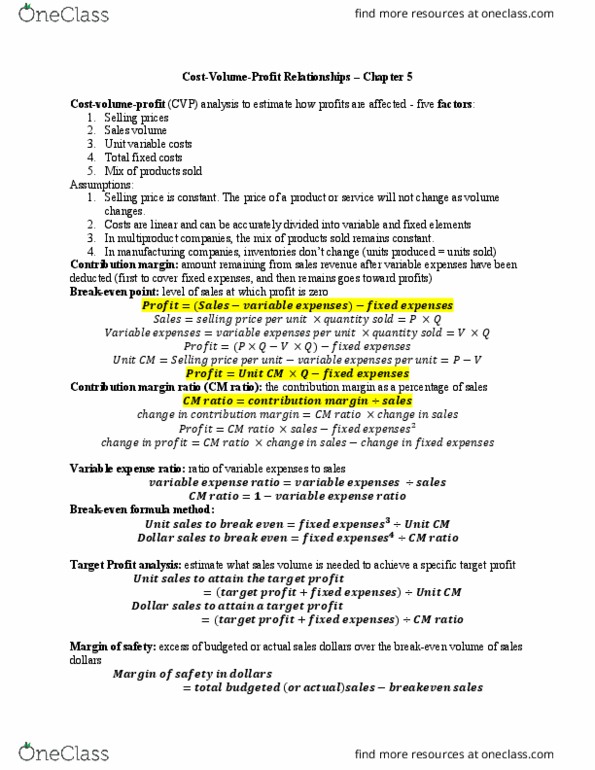 ACTG 2300 Chapter Notes - Chapter 5,12: Earnings Before Interest And Taxes, Sunk Costs, Contribution Margin thumbnail