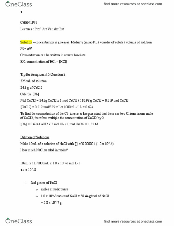 CHEM 1F92 Lecture 14: CHEM1P91 Notes - Dilutions, Acid-Base and Redox Titrations thumbnail