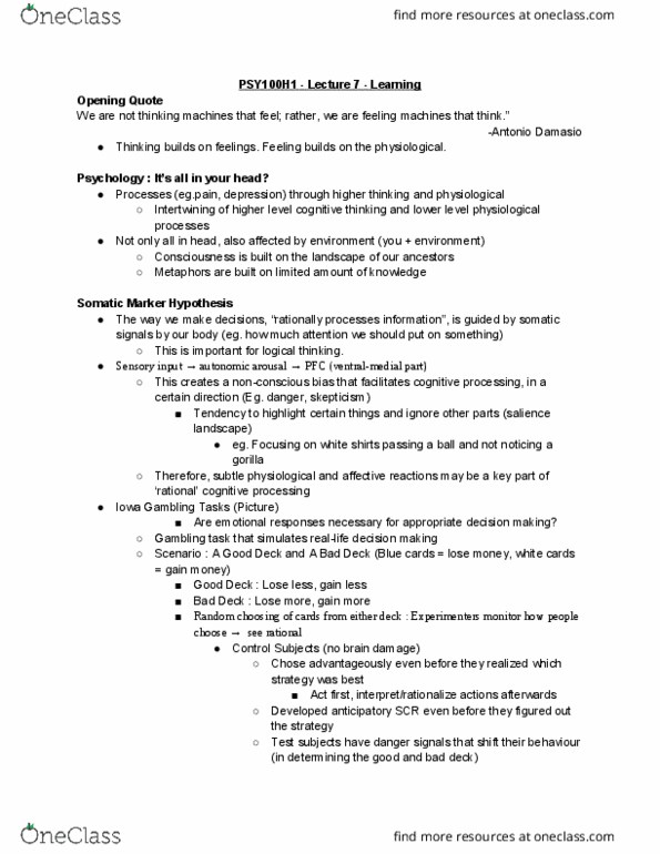 PSY100H1 Lecture Notes - Lecture 7: Biological Neural Network, Neuroscience, Antonio Damasio thumbnail