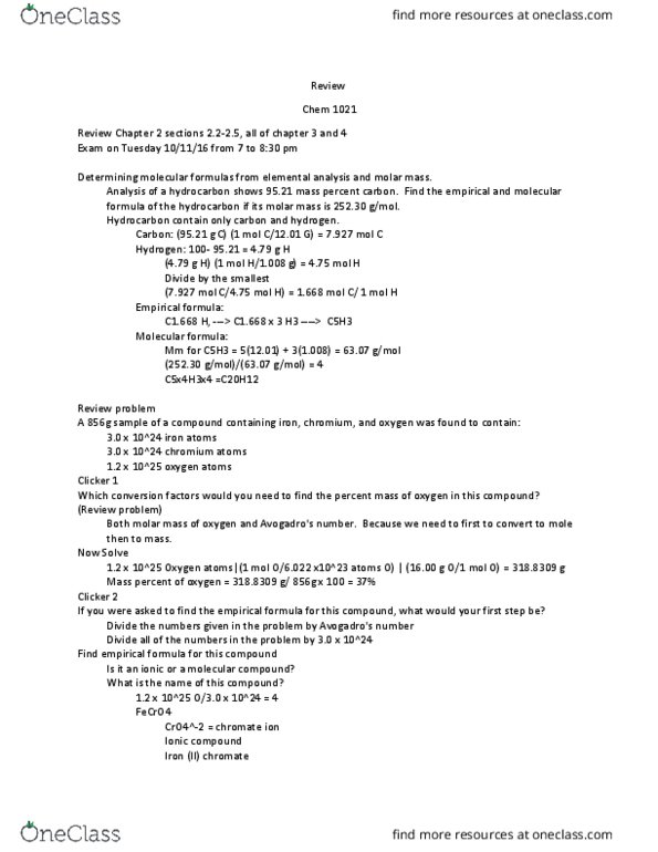 CHEM 1021 Lecture Notes - Lecture 19: Chromate And Dichromate, Ionic Compound, Molar Mass thumbnail