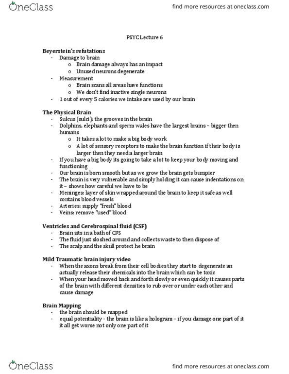 PSYC 100 Lecture Notes - Lecture 6: Brodmann Area, Traumatic Brain Injury, Cerebrospinal Fluid thumbnail