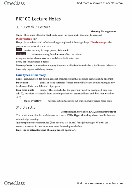 COMPTNG 10C Lecture Notes - Lecture 5: Object Copying, Call Stack, Resource Acquisition Is Initialization thumbnail