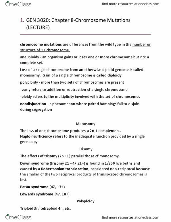 GEN-3020 Lecture Notes - Lecture 9: Gene Duplication, Intellectual Disability, Amniocentesis thumbnail