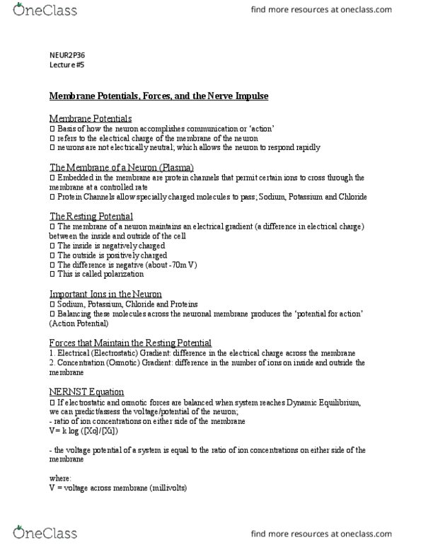 NEUR 2P36 Lecture Notes - Lecture 5: Nernst Equation thumbnail