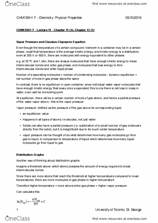 CHM135H1 Lecture Notes - Lecture 11: Partial Pressure, Phase Diagram, Dynamic Equilibrium thumbnail