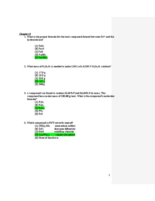 CHEM 1211K : CHEM 1211 Practice Question Bank Key - OneClass