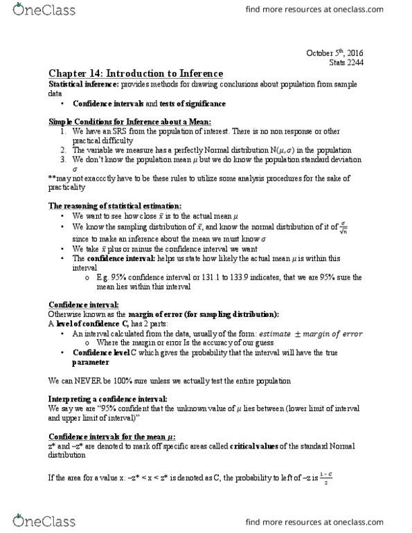 Statistical Sciences 2244A/B Chapter Notes - Chapter 14, 15, 17: Central Limit Theorem, Statistical Inference, Confidence Interval thumbnail