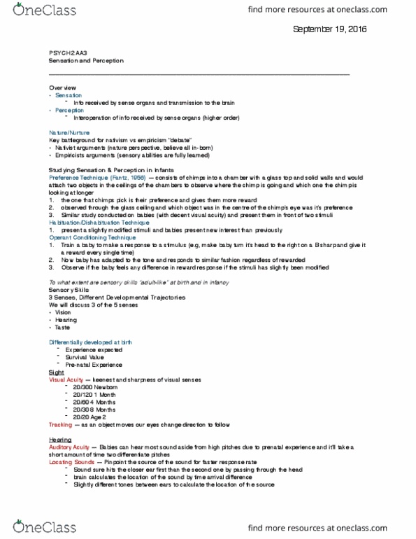 PSYCH 2AA3 Lecture Notes - Lecture 3: Visual Acuity, Glass Ceiling, Depth Perception thumbnail