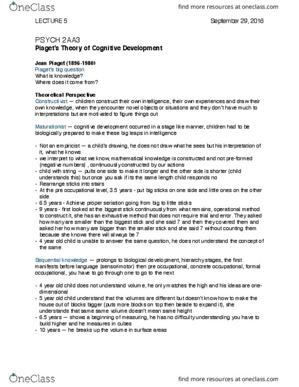 PSYCH 2AA3 Lecture Notes - Lecture 4: Cognitive Development, Jean Piaget thumbnail