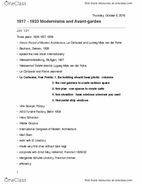 JAV131H1 Lecture Notes - Lecture 4: Ludwig Mies Van Der Rohe, Moisei Ginzburg, Aeg Turbine Factory thumbnail