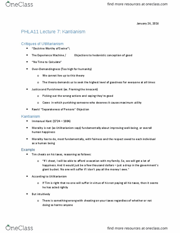 PHLA11H3 Lecture Notes - Lecture 7: Universalizability, Experience Machine, Immanuel Kant thumbnail