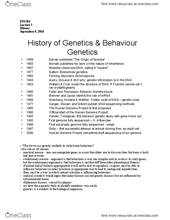 PSY355H5 Lecture Notes - Lecture 1: Human Genome Project, X-Ray, Phenotype thumbnail